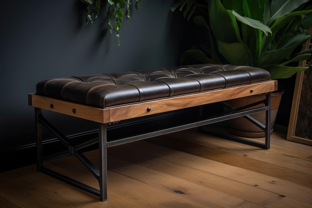 Banchetta in legno upcycled con telaio in metallo e sedile in pelle nera creata con ai generativo