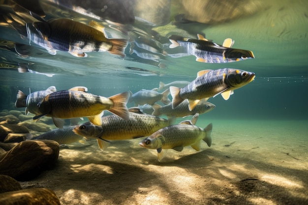 Banco di pesci che nuotano in un limpido ruscello d'acqua dolce creato con l'IA generativa