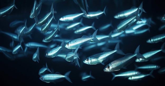 Banco di piccoli pesci d'argento sott'acqua Vita marina IA generativa