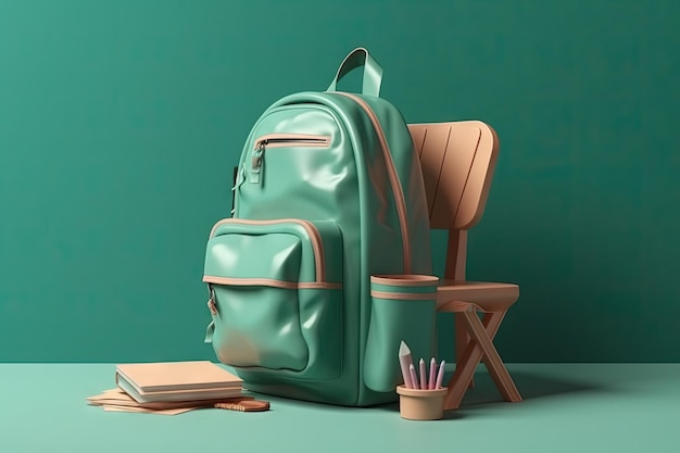 Banco di scuola con accessori scolastici e illustrazione dello zaino generativa ai