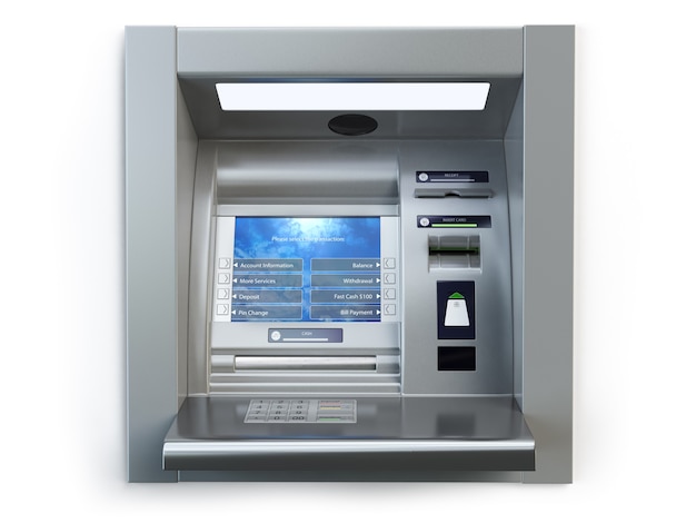 Bancomat isolato su bianco. Bancomat della banca di cassiere automatizzato. illustrazione 3D