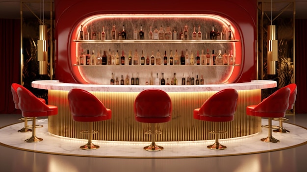 Bancone bar hotel di lusso vintage rosso moderno interior design AI Generato arte