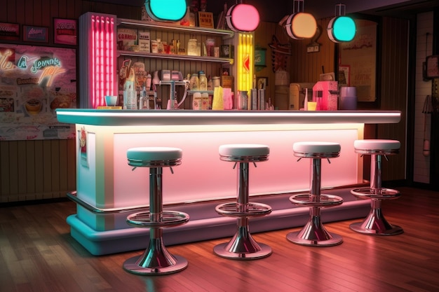 Bancone bar milkshake retrò con sgabelli e luci al neon creati con intelligenza artificiale generativa