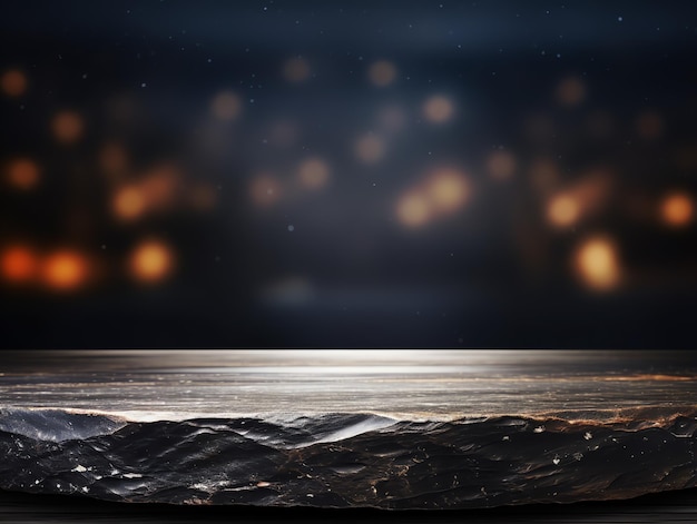 bancone da tavolo vuoto in pietra nera su sfondo chiaro bokeh sfocato