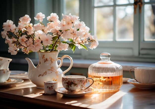 Bancone della cucina con luce mattutina e tazzine da caffè con mazzo di fiori Tè o infusi Made with AI