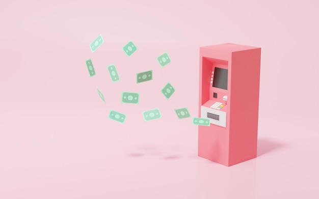 Banconota bancomat rosa con deposito automatico Banconota galleggiante Concetto di trasferimento di denaro nell'illustrazione del conto bancario Internet rendering 3d banner spazio copia minimo cartone animato