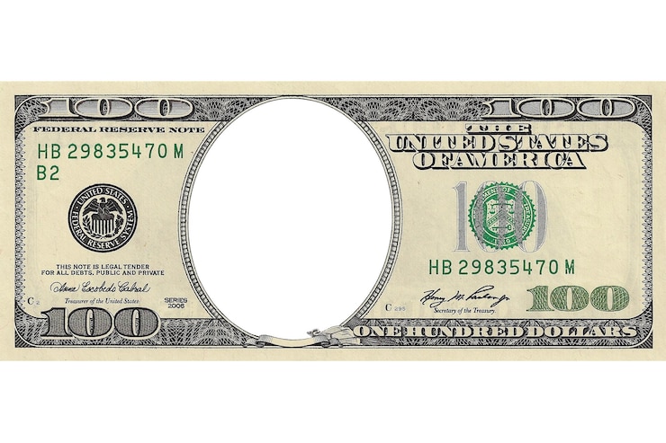 Banconota da cento dollari con un buco al posto della faccia