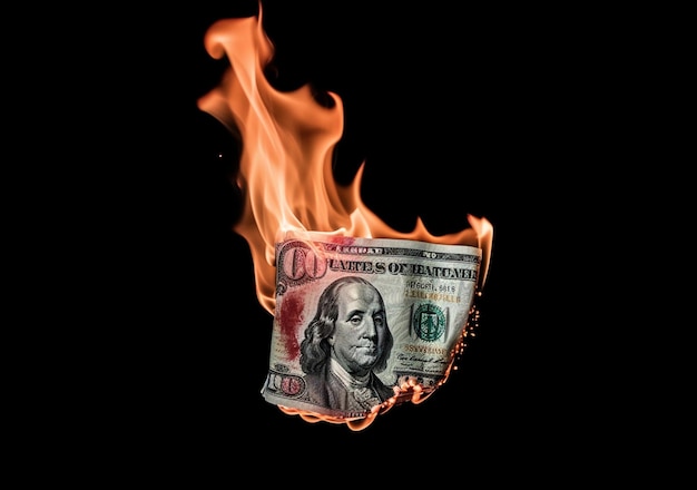 Banconota da cento dollari in fiamme Il concetto di bancarotta deprezzamento del denaro