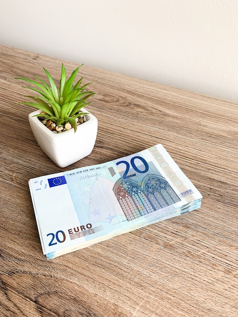 Banconote del valore nominale di venti euro che giacciono come un fan sul tavolo