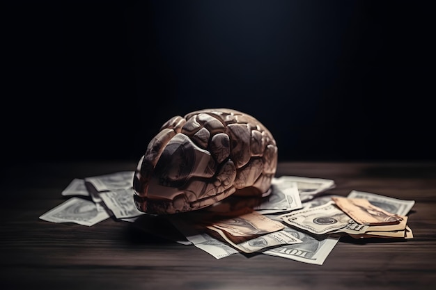 Banconote di carta sul tavolo vicino al cervello umano Il concetto di influenza del denaro sui pensieri educa la vita umana