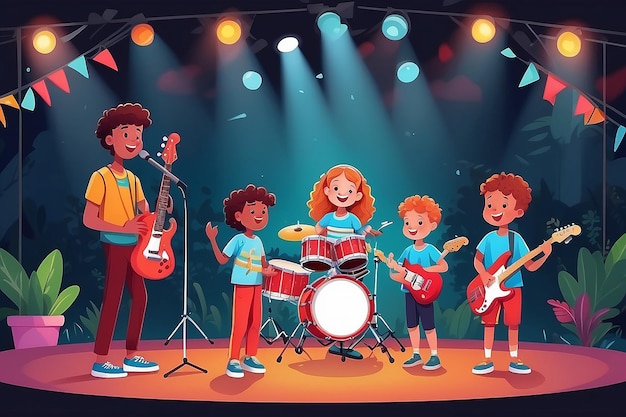 Band di musica per bambini che suonano sul palco al festival all'aperto illustrazione vettoriale