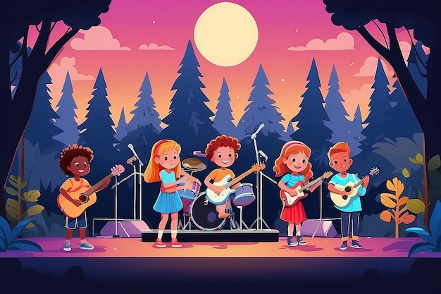 Band di musica per bambini che suonano sul palco al festival all'aperto illustrazione vettoriale