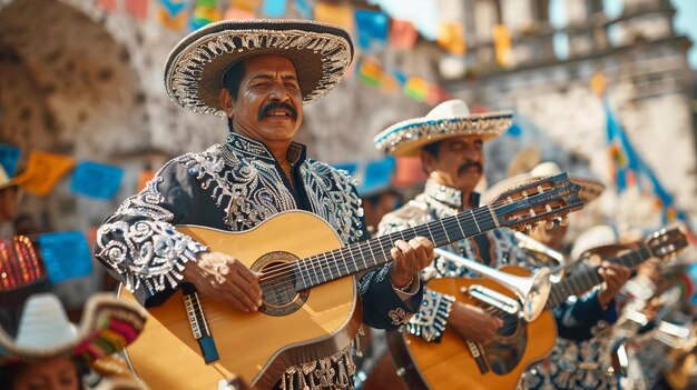 Band Mariachi che suona le chitarre in Charro e Sombreros Cinco de Mayo Musica messicana generata da AI