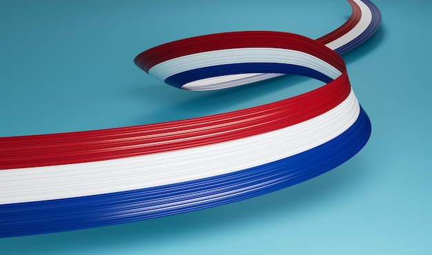 Bandiera 3d dei Paesi Bassi Nastro olandese ondulato lucido 3d isolato su sfondo blu illustrazione 3d