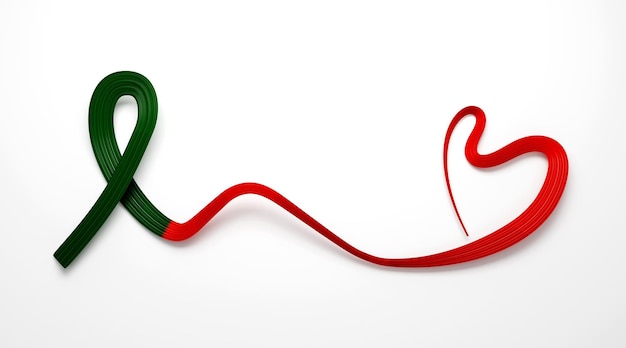 Bandiera 3d del Portogallo Bandiera del nastro di consapevolezza ondulata a forma di cuore su sfondo bianco illustrazione 3d