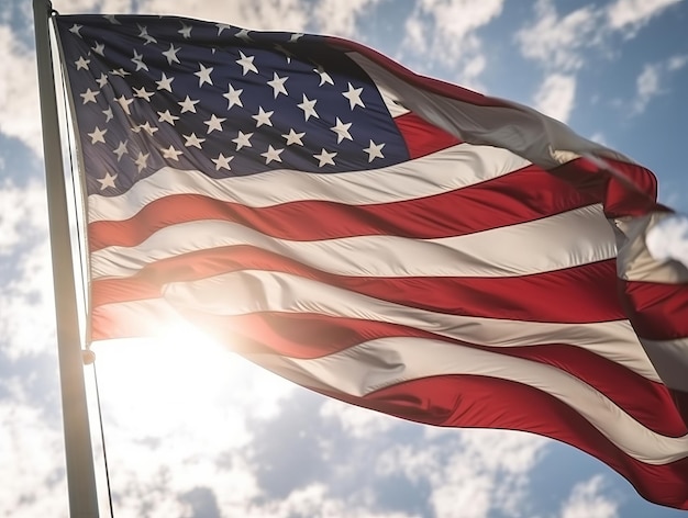 Bandiera americana che fluttua sullo sfondo del cielo