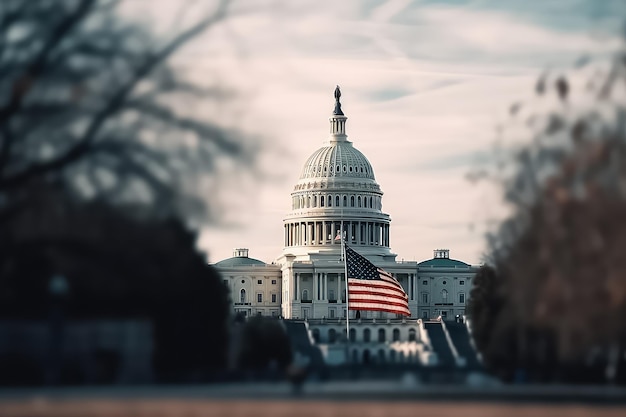 Bandiera americana che ondeggia con il Campidoglio degli Stati Uniti AI