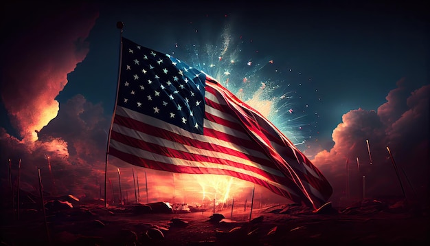 Bandiera americana che sventola nell'aria con fuochi d'artificio e scena notturna vista quarto di luglio concetto Giorno dell'Indipendenza tempo per la rivoluzione 4 luglio