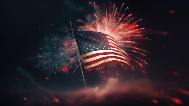 Bandiera americana con fuochi d'artificio sullo sfondo
