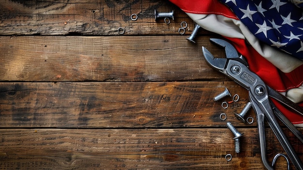 Bandiera americana e strumenti su uno sfondo di legno con spazio per il testo