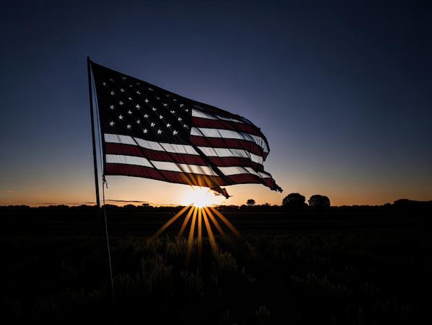 Bandiera americana in un campo con il tramonto ai generativo