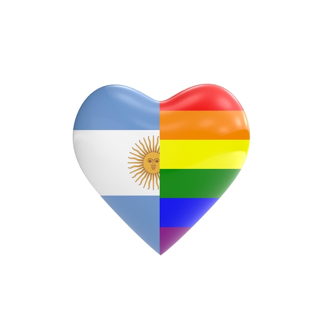 Bandiera Argentina e bandiera arcobaleno gay LGBT a forma di cuore Concetto di diritti gay Rendering 3D