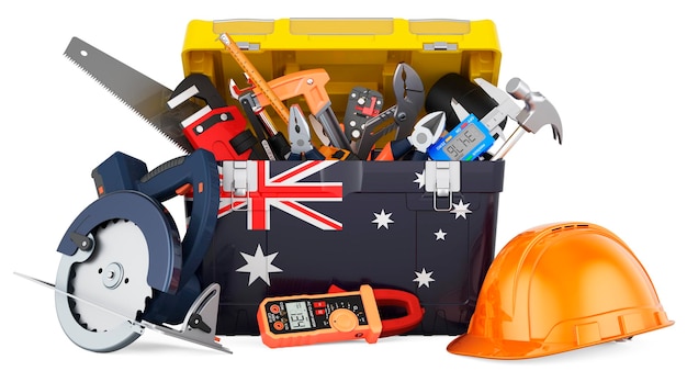 Bandiera australiana dipinta sulla cassetta degli attrezzi Servizio di riparazione e costruzione in Australia Concept rendering 3D
