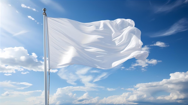 Bandiera bianca vuota e limpida che ondeggia contro un cielo blu pulito vicino a un modello isolato