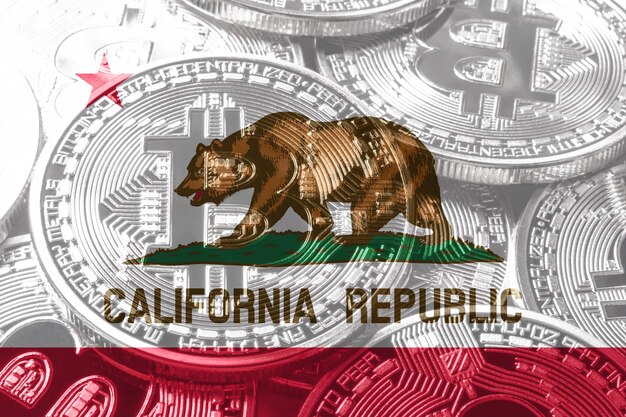 Bandiera bitcoin della California, sfondo del concetto di criptovaluta della California