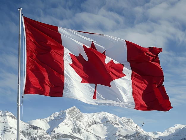 Bandiera canadese che sventola sulle montagne coperte di neve con il cielo blu sullo sfondo