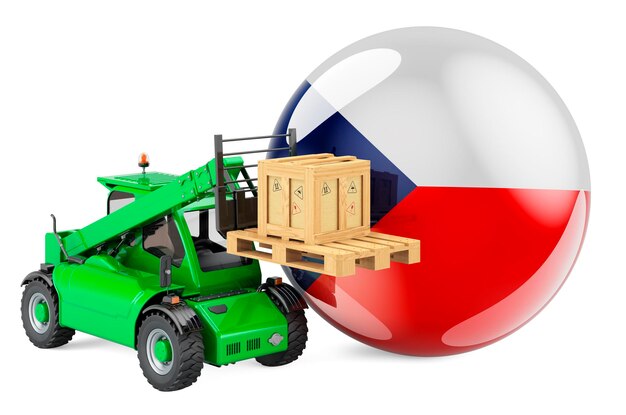 Bandiera ceca con movimentatore telescopico camion e pacchi Spedizione di merci in Repubblica Ceca concetto rendering 3D