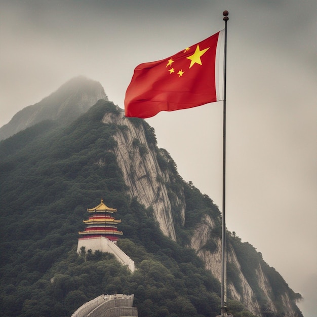 bandiera cinese in cima alla montagna carta da parati volante
