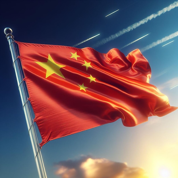 Bandiera cinese Una giornata di sole con un cielo blu limpido e una bandiera patriottica che ondeggia nel vento