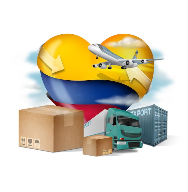 bandiera colombiana con diversi mezzi di trasporto di merci per fare affari di importazione ed esportazione