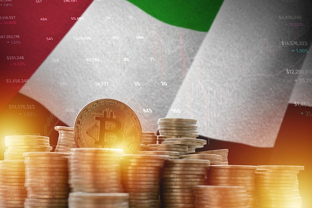 Bandiera degli Emirati Arabi Uniti e grande quantità di monete bitcoin dorate e grafico della piattaforma di trading Crypto valuta