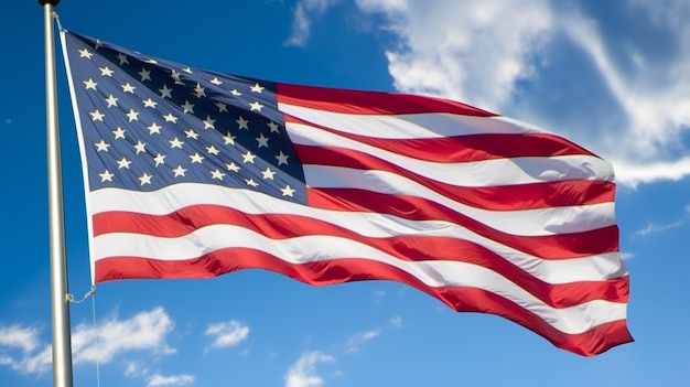 bandiera degli Stati Uniti che sventola nel vento contro un cielo blu ai generativo
