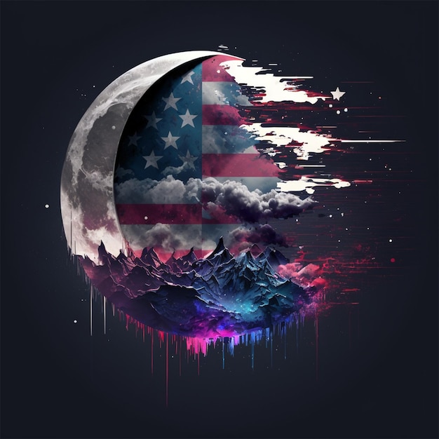 Bandiera degli Stati Uniti d'America all'interno della luna con la nuvola e lo sfondo astratto della montagna