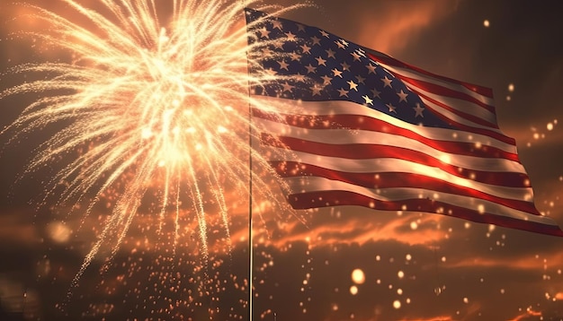 Bandiera degli Stati Uniti e fuochi d'artificio al tramonto Fuochi dartificio del Giorno dellIndipendenza sullo sfondo della bandiera americana
