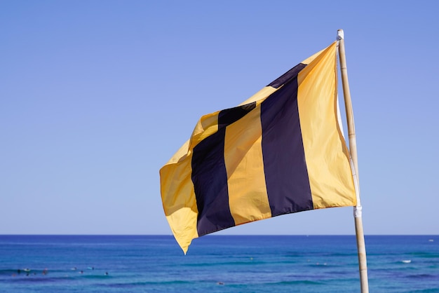 Bandiera del bagnino linea gialla nera sulla costa dell'oceano spiaggia in mare blu e cielo