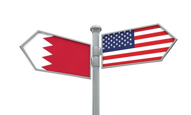 Bandiera del Bahrain e dell'America che si muove in direzioni diverse Rendering 3D