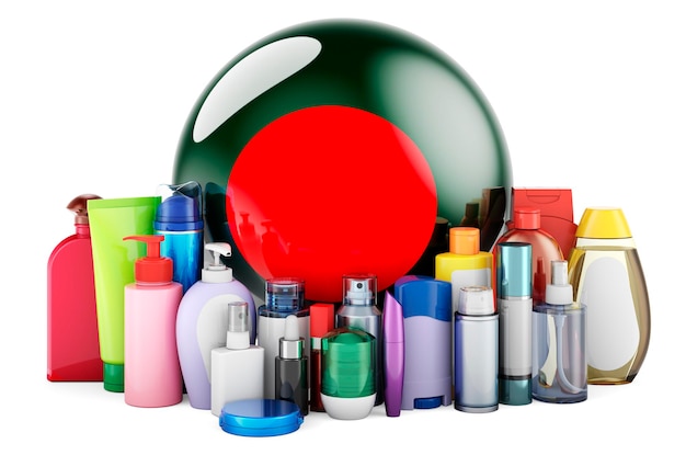 Bandiera del Bangladesh con bottiglie di cosmetici, capelli, pelle facciale e prodotti per la cura del corpo rendering 3D isolato su sfondo bianco