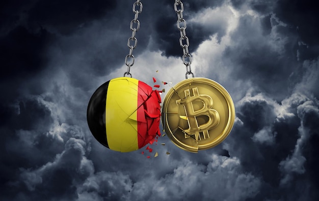 Bandiera del Belgio che si frantuma in una moneta criptata bitcoin d'oro d rendering