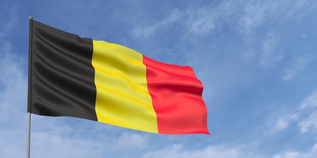 Bandiera del Belgio sul pennone su sfondo blu cielo Bandiera belga che svolazza nel vento contro un cielo con nuvole Posto per testo illustrazione 3d
