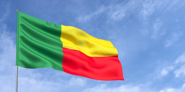 Bandiera del Benin sul pennone sullo sfondo del cielo blu Bandiera del Benin che sventola nel vento contro un cielo con nuvole bianche Posto per il testo illustrazione 3d