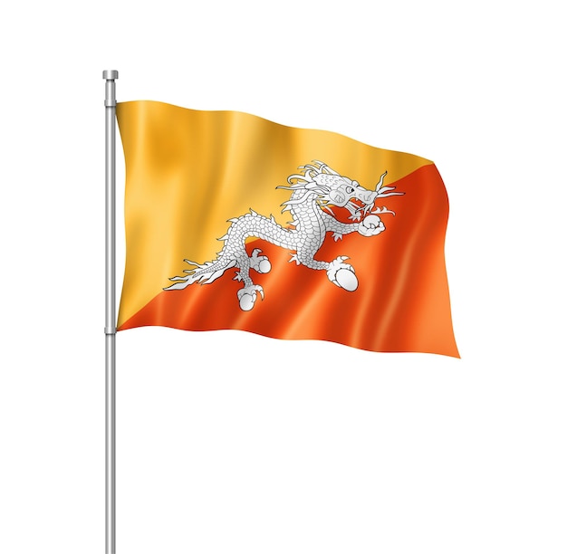 Bandiera del Bhutan, rendering tridimensionale, isolata su bianco