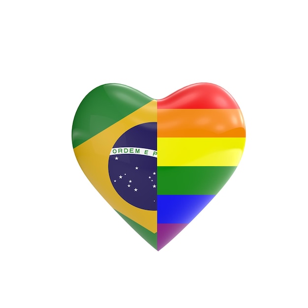 Bandiera del Brasile e bandiera arcobaleno gay LGBT a forma di cuore Concetto di diritti gay Rendering 3D
