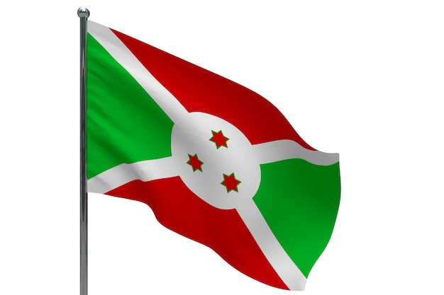 Bandiera del Burundi in pole. Pennone in metallo. Bandiera nazionale del Burundi 3D'illustrazione su bianco