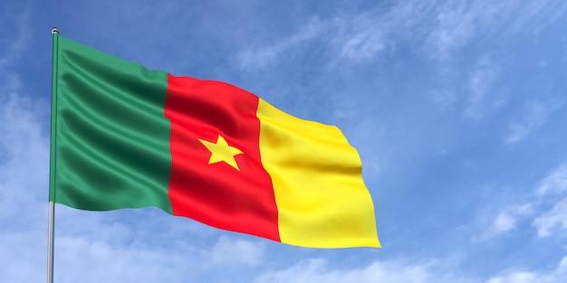 Bandiera del Camerun sul pennone su sfondo blu cielo La bandiera del Camerun sventola nel vento contro un cielo con nuvole Posto per testo illustrazione 3d