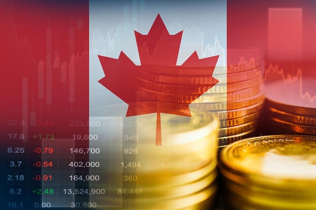 Bandiera del Canada con la tecnologia digitale del grafico di tendenza dell'economia finanziaria del mercato azionario