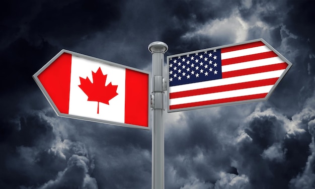 Bandiera del Canada e dell'America che si muove in direzioni diverse Rendering 3D